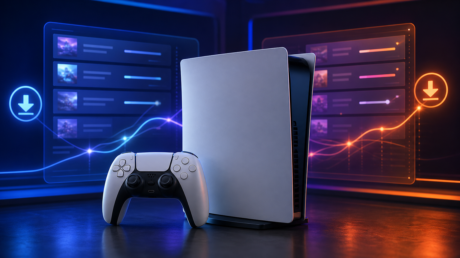 家庭用ゲーム機風デバイスと2地域のダウンロードランキング比較を表現したイメージ
