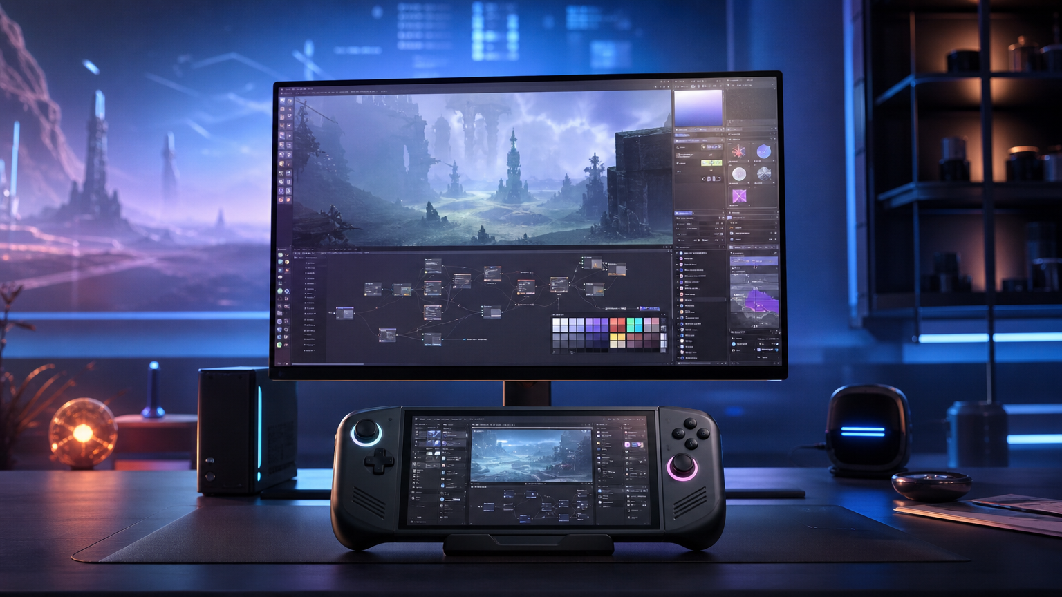 開発中のファンタジーゲーム情報を映すモニターとゲーム機風デバイスのイメージ
