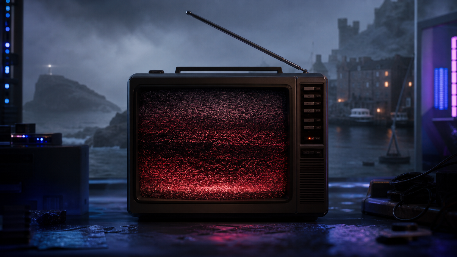 霧に包まれたスコットランド風の孤島と赤いアナログノイズを映す携帯型ブラウン管テレビ