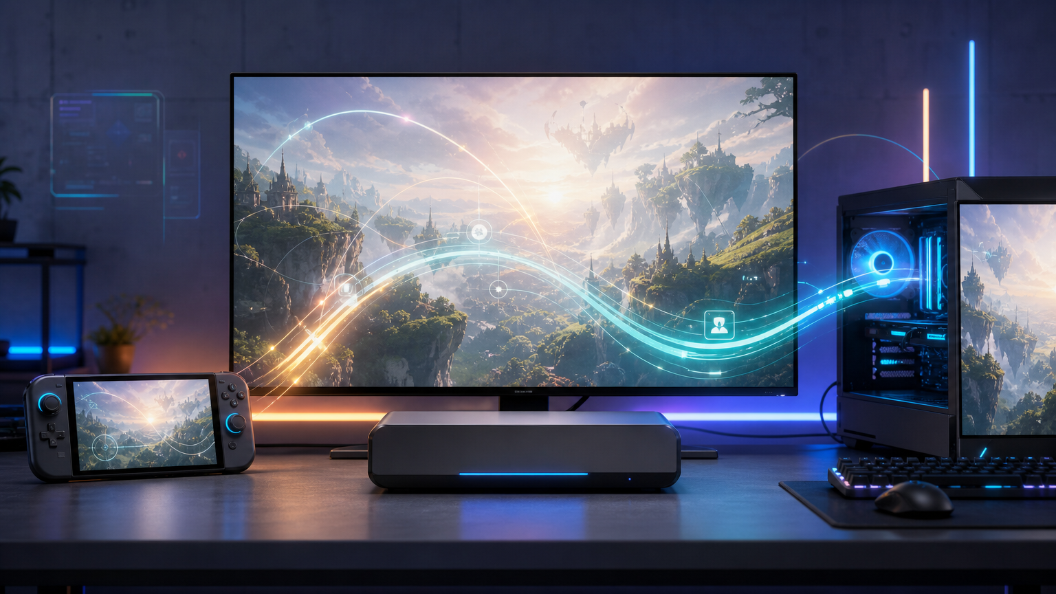 家庭用ゲーム機やPCでRPG体験版を遊び、セーブデータを製品版へ引き継ぐイメージ