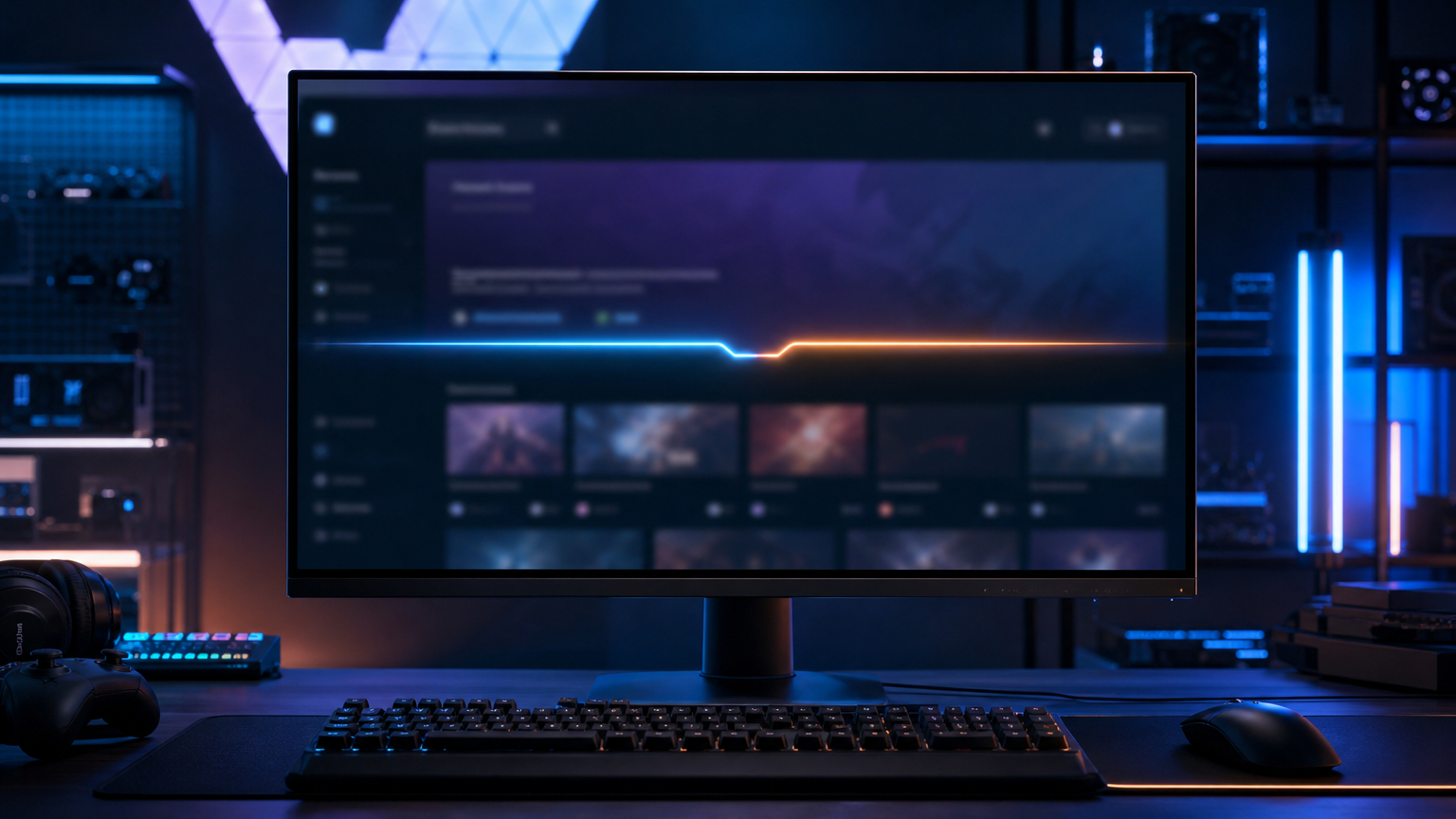 PCゲームのパブリッシャー表記変更を、ストア風画面と一本につながる光で表現したイメージ