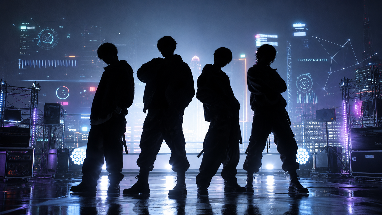 近未来の都市を背景に立つストリート系男性アイドル4人をイメージしたビジュアル