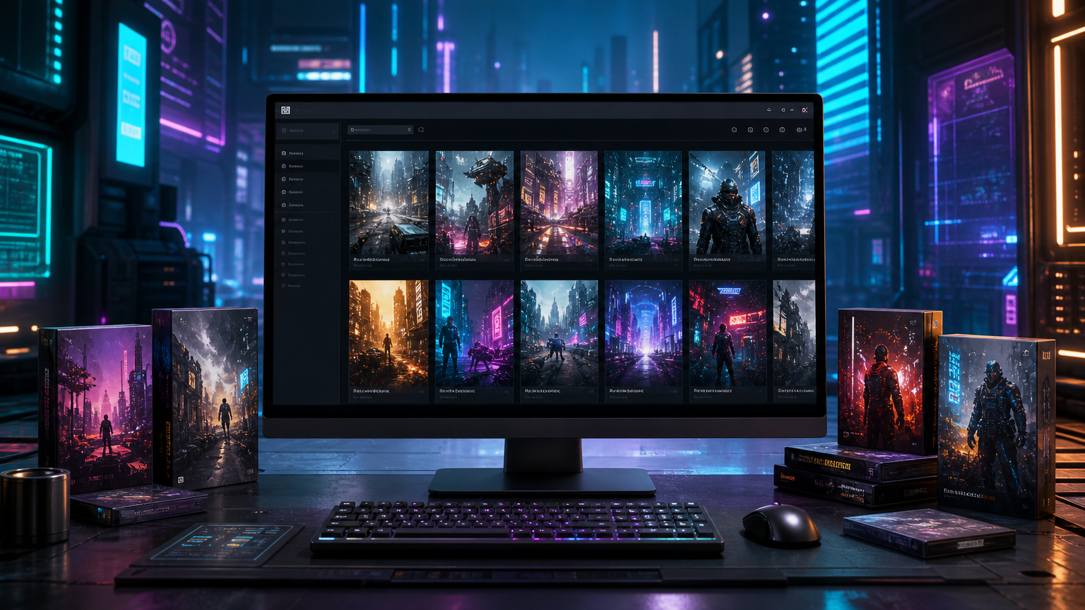 近未来的なデジタルゲームストアにサイバーパンク風のPCゲームが並ぶセールイメージ