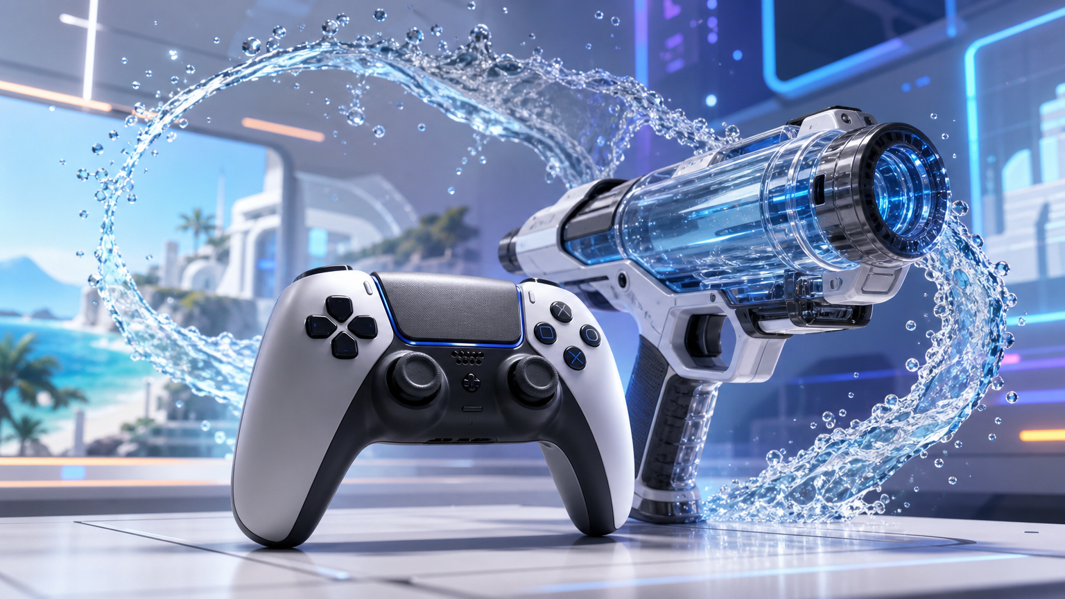 水しぶきと架空のゲームコントローラーで『スーパーマリオサンシャイン』の追加を表現したイメージ