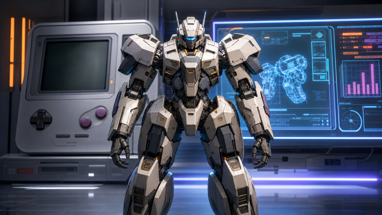ロボットゲームのリマスター制作決定をイメージしたオリジナル人型メカと発光パネル