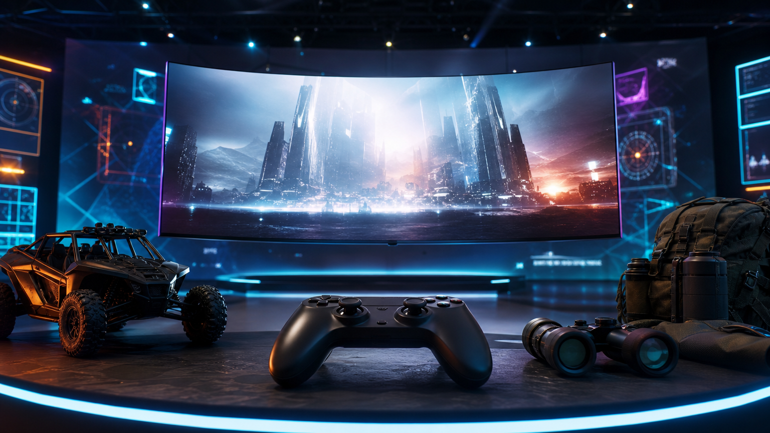 大型ディスプレイとゲームコントローラー、アウトドア装備でデジタルゲームショーケースを表現したイメージ