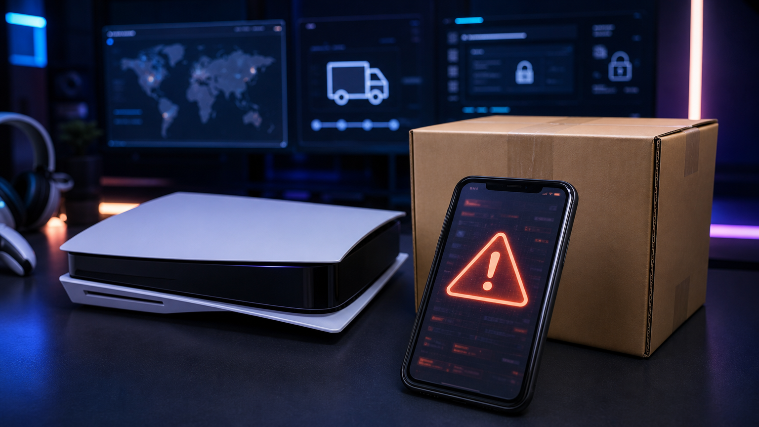 ゲーム用ハードウェアの配送箱と偽の配送通知を警告するスマートフォンのイメージ