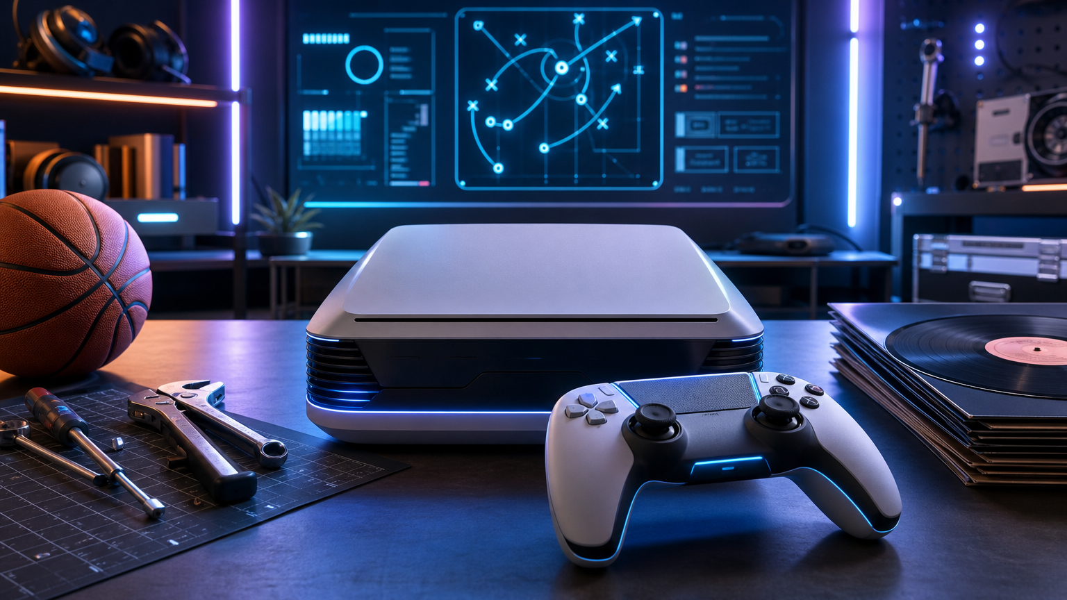 ゲーム機風デバイスの周囲にバスケットボールや工具、レコードが並ぶFree Play Daysのイメージ